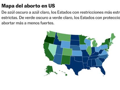 Un mapa muestra la escala de restricciones en torno al aborto por cada estado de los Estados Unidos, a 30 de mayo de 2024.