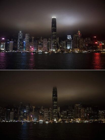 Decenas de empresas alrededor del mundo se comprometieron a sumarse a esta iniciativa de apagar las luces durante una hora. En la imagen, el puerto Victoria Harbour en Hong Kong (China) durante su participación en la Hora del Planeta.