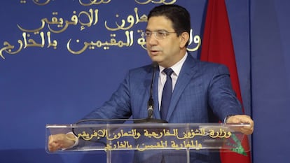 El ministro marroquí de Exteriores, Naser Burita, durante una rueda de prensa en junio de 2021 en Rabat.