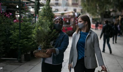 Dues dones amb un petit arbre de Nadal a la Fira de Santa Llúcia de Barcelona.