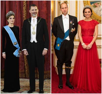 Dos estilos para las cenas de gala. La reina Letizia, quien en los últimos años arriesga más en sus apariciones públicas, escogió un ajustado traje negro de terciopelo en la cena de gala ofrecida en honor del presidente de Argentina el pasado febrero en el palacio Real. A la derecha, Kate Middleton, con un traje rojo con falda de tul en una cena diplomática el pasado diciembre en Londres.