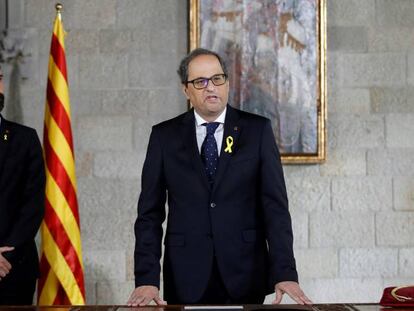 Quim Torra durante su toma de posesión como presidente de la Generalitat de Cataluña, este jueves.