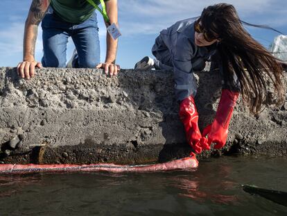 Miembros del equipo de Matter of Trust y Petropelo instalan un dispositivo en el muelle de la ciudad de Villarrica, Chile.