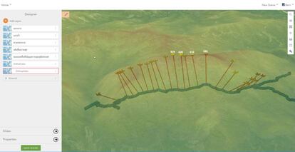 Visualización del modelo general en 3D de la cueva, sobre una superficie con transparencia, para evaluar el potencial de drenaje de las cavidades y visualizar la cueva en relación con la topografía de la superficie.