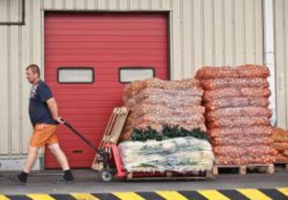 Un operario traslada un cargamento de cebollas en un mercado de Varsovia, Polonia.