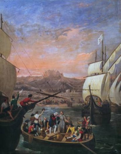 'La Salida de La Rábida', de Antonio Cabral Bejarano (1788-1861), representa la partida de Cristóbal Colón hacia el Nuevo Mundo en 1492 desde Palos de la Frontera (Huelva).