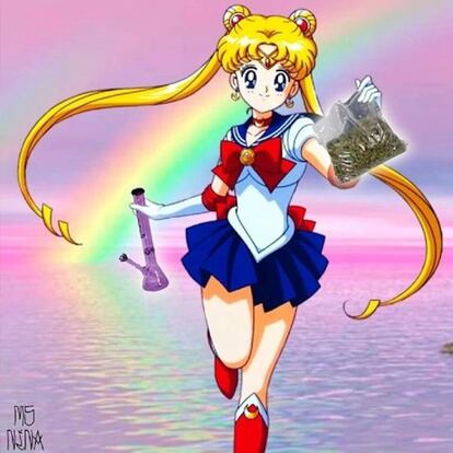 Dos: En 2014 hiciste un collage donde aparecía Sailor Moon con un Bongy con Coca Cola ¿Por qué esos objetos en concreto? ¿Cómo ha influido el manga en tu trabajo? "Era muy fan cuando era pequeña, hacer que fume marihuana es la mezcla, no tiene nada que ver pero juntos quedan súper bien. " (De nuevo gana lo ecléctico porque sí.)