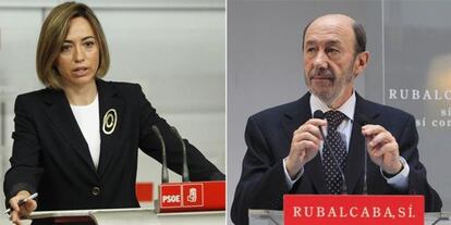 Chacón y Rubalcaba con atril rojo del PSOE