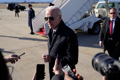 President Joe Biden speaks with members of the press after stepping off Air Force One at Hagerstown Regional Airport in Hagerstown, Md., Saturday, Feb. 4, 2023.