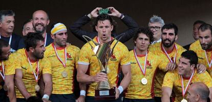 La selección de rugby 7 celebra la clasificación para los JJ OO de Río de Janeiro.