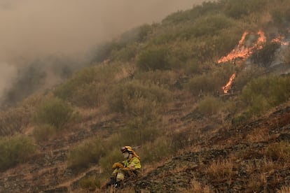 Una persona que lucha contra el fuego muestra su desesperación ante el incendio que amenaza la vertiente leonesa del Parque Nacional de Picos de Europa, iniciado en Barniedo de la Reina e impulsado por el viento y las altas temperaturas. 
