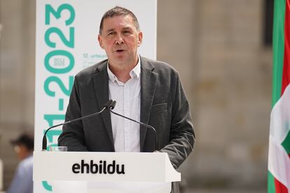 El coordinador general de EH Bildu, Arnaldo Otegi, interviene durante la celebración del 12º aniversario de la creación de la formación, el pasado 6 de mayo en Bilbao.