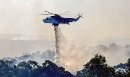 Un helicóptero de los bomberos trabaja en la extinción de un foco del incendio declarado en Barden Ridge, Sídney (Australia).