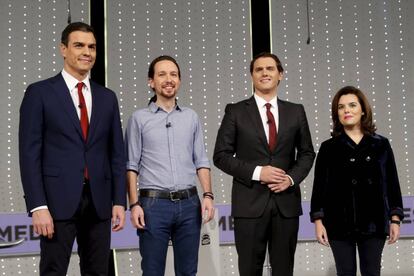 Pedro S&aacute;nchez, Pablo Iglesias, Albert Rivera y Soraya S&aacute;enz de Santamar&iacute;a (PP), en el debate electoral a cuatro de las elecciones legislativas del 20-D.