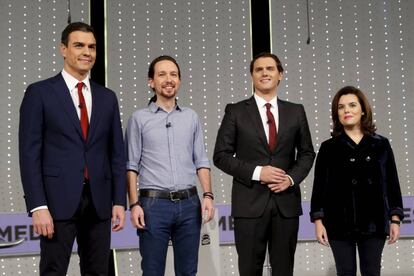 Pedro Sánchez, Pablo Iglesias, Albert Rivera y Soraya Sáenz de Santamaría (PP), en el debate electoral a cuatro de las elecciones legislativas del 20-D.