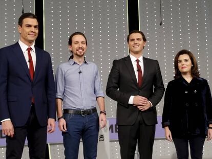 Pedro S&aacute;nchez, Pablo Iglesias, Albert Rivera y Soraya S&aacute;enz de Santamar&iacute;a (PP), en el debate electoral a cuatro de las elecciones legislativas del 20-D.