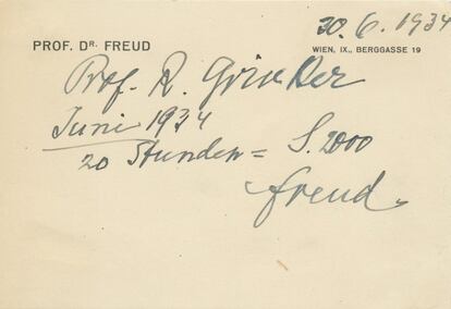 Nos anos trinta, o neurologista norte-americano Roy Grinker se submeteu a uma série de sessões de psicanálise com Sigmund Freud. Cada uma delas custava 100 xelins, e foram 20 horas. No total, como diz esta nota de 1934, a conta foi de 2.000 xelins. Quando voltou aos EUA, Grinker se tornou um dos psicanalistas mais célebres de seu país.