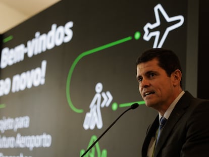 El presidente de Aena Brasil, Santiago Yus, durante la presentación del proyecto de ampliación del aeropuerto de Congonhas, este lunes en Sao Paulo (Brasil).