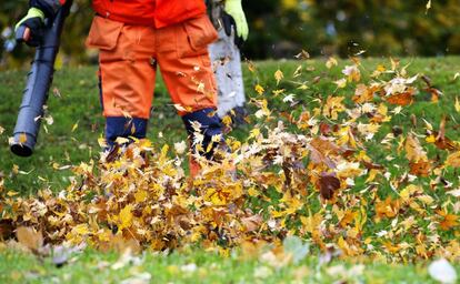 Un trabajador de mantenimiento sopla las hojas otoñales caídas en el parque Gustav Adolfs de Estocolmo, 28 de octubre de 2013.