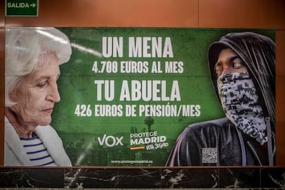 Vox’s election billboard inside a train station in Madrid’s underground system.