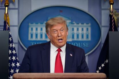 El presidente de EE UU, Donald Trump, en una conferencia de prensa, este jueves en Washington.