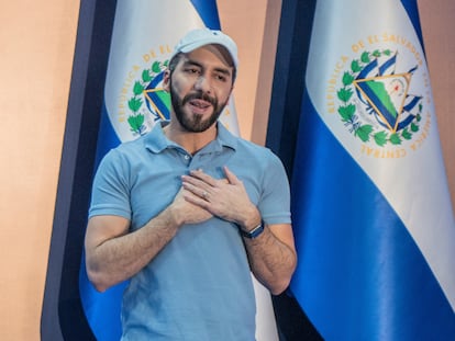 El presidente Nayib Bukele en una conferencia de prensa en San Salvador, El Salvador, el 4 de febrero 2024.