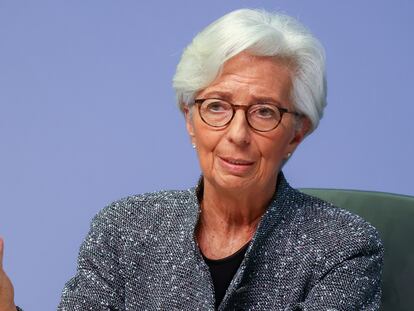 La presidente del BCE, Christine Lagarde, en una rueda de prensa el 12 de marzo en Fráncfort.