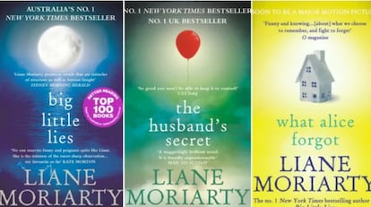 Portadas de varias novelas de Liane Moriarty en Estados Unidos anteriores al estreno de Big Little Lies en HBO.