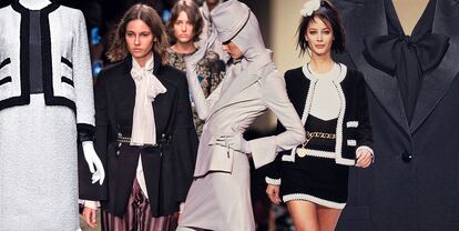 De izquierda a dcha; trajes de Burberry, Jean Paul Gaultier, Chanel e Yves Saint Laurent que forman parte de la exposición 'About time'