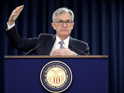 Federal Reserve Chairman Jerome Powell during a news conference in a file image.