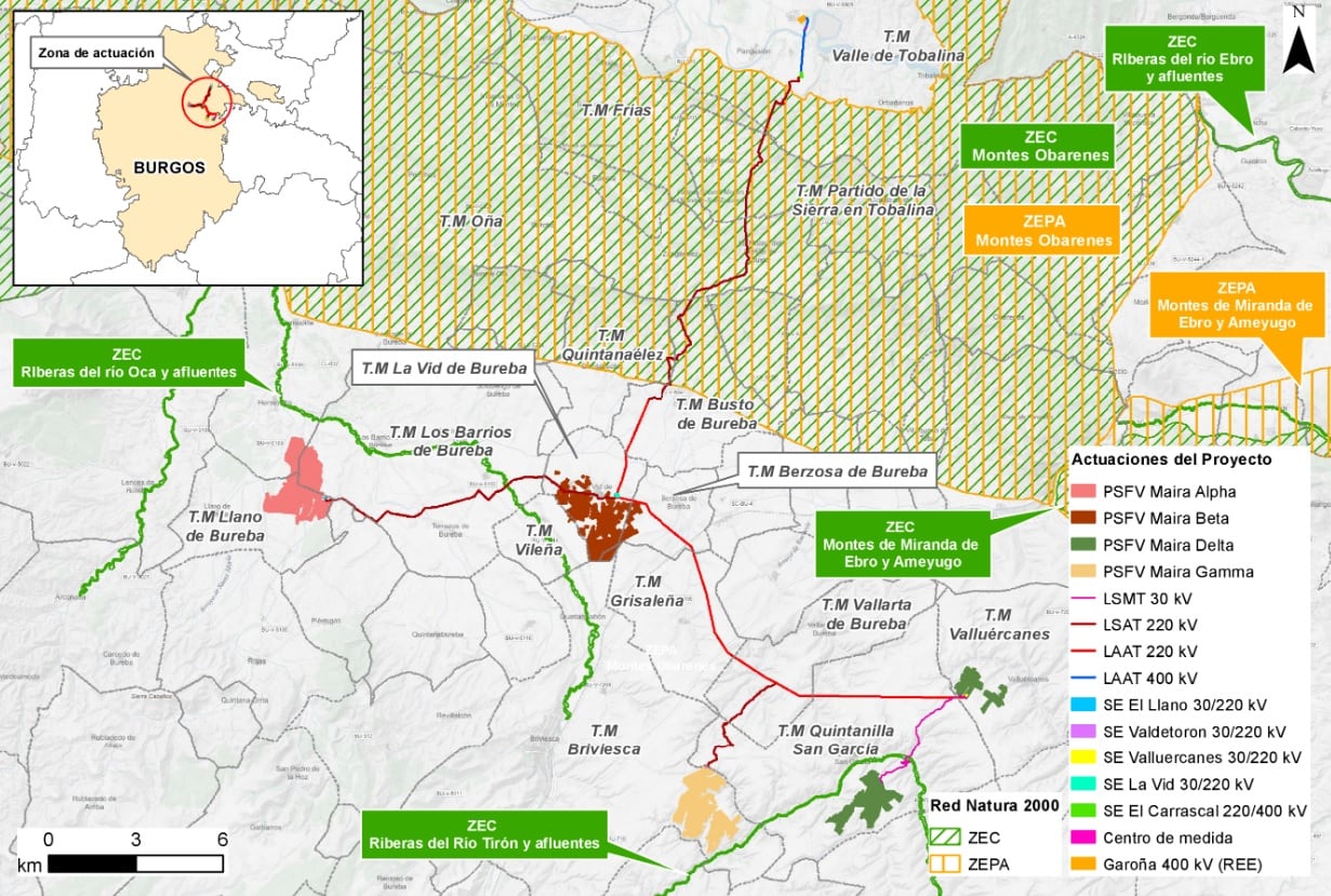 Información de la ubicación del proyecto solar Maira en la provincia de Burgos, como aparece representado en el BOE.