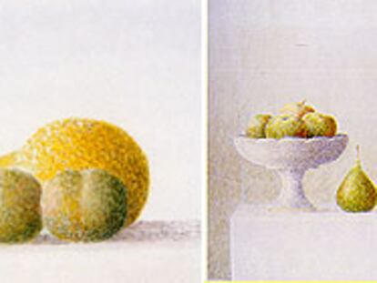 Dos acuarelas de Xavier Valls, a la izquierda, 'Tomate, ciruelas y limón', y a la derecha, 'Frutero con manzanas'.