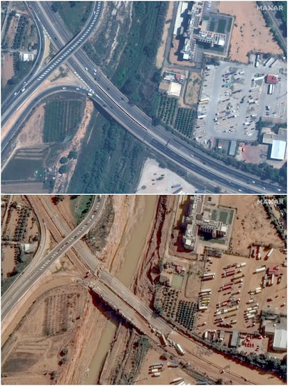 Combo de imgenes de satlite tomadas el 18 de octubre y el 31 de octubre que muestra la carretera CV-33 de Valencia.