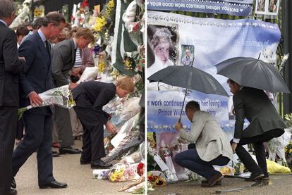 A la izquierda: El príncipe Carlos, con sus hijos Guillermo y Enrique, deposita flores en la entrada del palacio de Kensington tras la muerte de la princesa Diana, el 5 de septiembre de 1997. A la derecha: El príncipe Guillermo y el príncipe Enrique repiten el homenaje 20 años después de la muerte de su madre, el 30 de agosto de 2017.