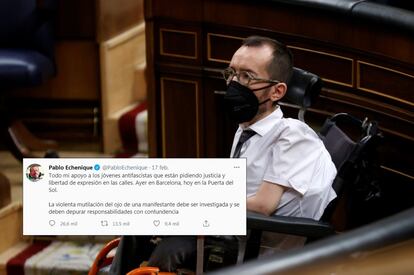 La denuncia contra Pablo Echenique, portavoz de Unidas Podemos en el Congreso, fue presentada por los sindicatos policiales, porque había mostrado "todo" su "apoyo" a los "jóvenes antifascistas (…), en la Puerta del Sol", en unos momentos en que "la violencia ya se había expresado en su máxima intensidad". La interpretación de la Confederación Española de Policía (CEP) es que los promotores de tales actos solo pudieron entender aquellas palabras como “muestra de elogio, respaldo y legitimación en sus agresiones contra la Policía Nacional, el mobiliario urbano y comercios”. La propia Fiscalía duda mucho de que las diligencias abiertas puedan tener algún recorrido, a la vista de que el propio Echenique manifestó al iniciarse la polémica sobre su tuit que era “un falso debate”, porque ni él ni “nadie, o a lo mejor una minoría enormemente pequeña puede apoyar ese tipo de cosas”, refiriéndose a la violencia o los asaltos a comercios.