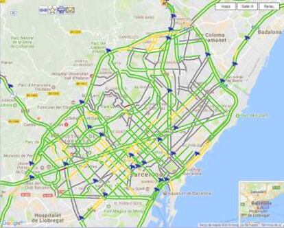 El tráfico en Barcelona a las 11.00. En amarillo, el tráfico denso.