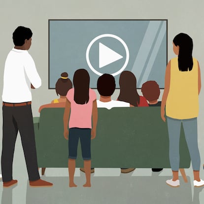 Community watching video with play symbol on television screen