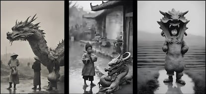 The artificial intelligence interpretation of the dragon Shang Yang according to Borges and María Guerrero in 'The Book of Imaginary Beings'.  From left to right, according to the Spanish version, the English version and the version by Ana María Caballero. 