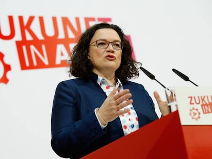 La presidenta del SPD, Andrea Nahles, comparece para presentar los resultados de la reunión de su partido el lunes en Berlín.