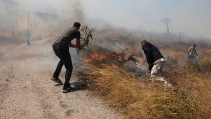 Unos vecinos intentan que el fuego no se propague en uno de los incendios forestales que había activos el 30 de junio en la región de Keratea, cerca de Atenas (Grecia).