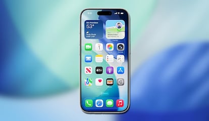 iPhone con iOS 26 y wallpaper de fondo