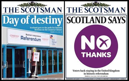 El diario regional 'The Scotsman' titulaba este jueves "El día del destino" con una foto de uno de los colegios electorales preparados para el referéndum. El no es el principal protagonista de la portada del día de hoy con el titular: "Escocia dice no, gracias".