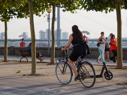 Una mujer pedalea por la orilla del Rin en Düsseldorf, en una zona antes ocupada por una autovía de seis carriles.