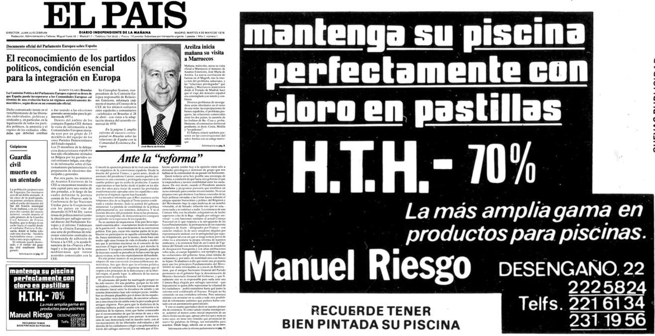 La primer portada de EL PAÍS del 4 de mayo de 1976 y una ampliación del taco publicitario de la droguería Manuel Riesgo.