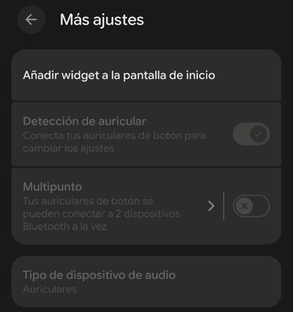 Opciones de los auriculares Google Pixel 2a