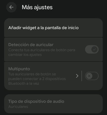 Opciones de los auriculares Google Pixel 2a