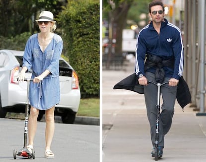 Los actores Naomi Watts y Hugh Jackman, en patinete.