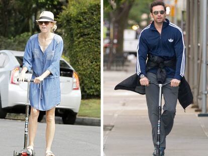 Los actores Naomi Watts y Hugh Jackman, en patinete.