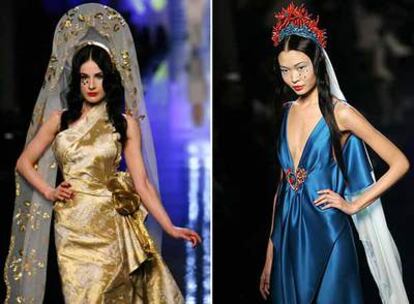 Dos modelos de Jean Paul Gaultier (a la izquierda, Dita Von Teese), durante los desfiles de ayer.