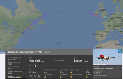 Imagen capturada de Flichtradar24 sobre el vuelo de Norwegian más rápido. Esta web permite comprobar la evolución de vuelos concretos y su ruta.